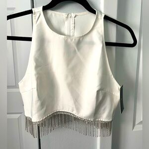 Cropped White Tank Top with Rhinestone Fringe